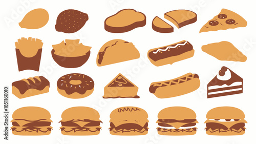 Assorted Desserts and Sandwiches in Flat Design with Warm Golden Lighting on White Background for Menu or Catalog