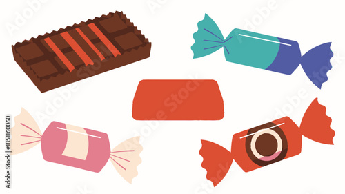 Assorted Wrappers and Chocolate Bar in Flat Design with Bright Colors and Simple Shapes for Packaging Design