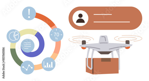 Circular chart displays analytics data and percentages. quadcopter carrying package symbolizes innovation. Ideal for business, logistics, delivery, technology, progress, teamwork, modern solutions