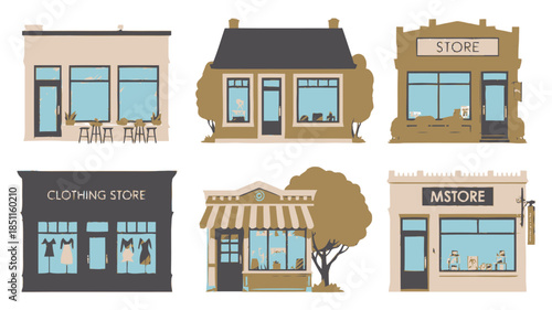 Storefronts in various styles with modern signage in bright daylight for urban architecture