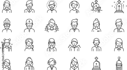 Christian religious icon set, clergy character silhouettes and symbols, gravestone cross chalice pack, cad drawing flat vector illustration