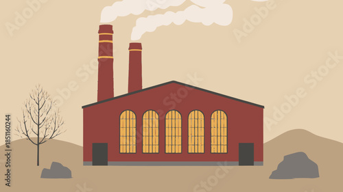 Industrial factory building with red brick facade and smokestacks in flat design with muted earthy tones for environmental awareness