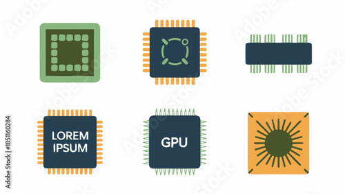 Microchip Processors in Modern Flat Design with Bright Color Scheme on White Background for Technology Illustration