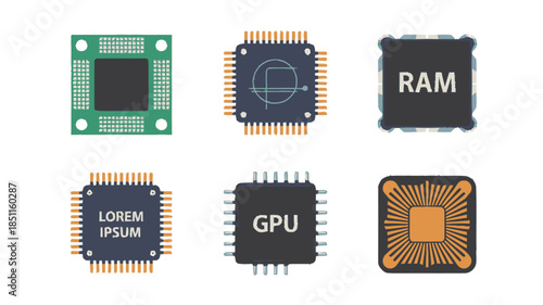 Microchips in various designs and labels in modern digital illustration on white background for technology and computing