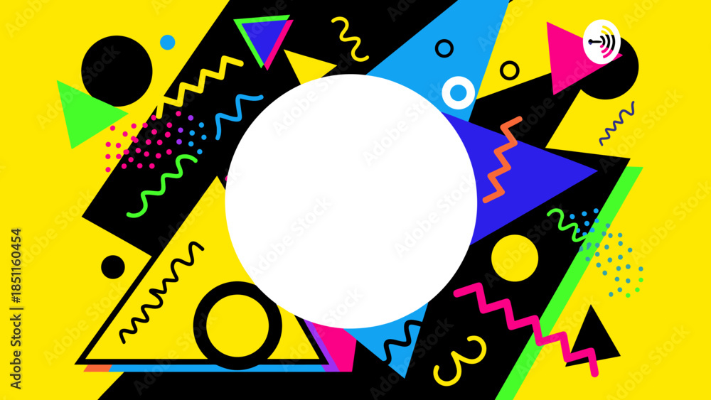 Obraz premium Podcast cover art background template. Memphis design style with bold geometric shapes, triangles, circles, and squiggly lines. Bright pop art colors, yellow and black contrast. Central empty space.