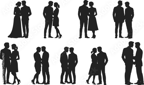 Romantic Couple Silhouettes: Intimate Embrace, Kisses, and Affectionate Moments in Black and White Artwork flat vector illustration