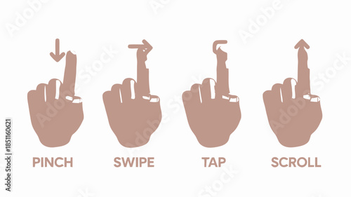 Hand Gestures for Touchscreen Interactions in Minimalist Design with Soft Pink Color Scheme on White Background for Mobile App Tutorial