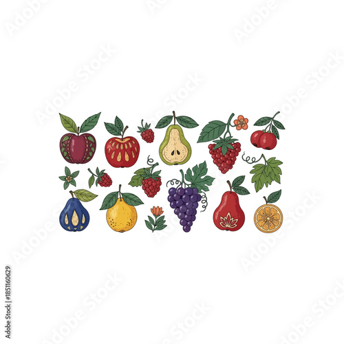 Collection of hand-drawn vector fruits and berries with leaves and flowers, isolated on white background, ideal for healthy eating, organic food, and summer harvest designs