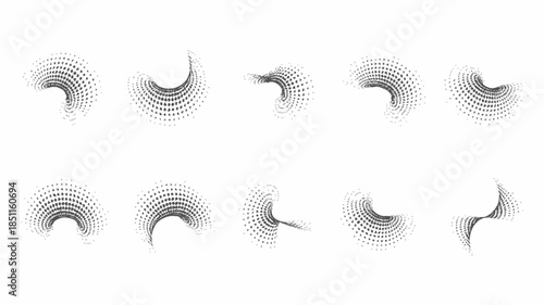 Abstract Halftone Shapes in Various Forms and Orientations in Black and White Gradient on White Background for Graphic Design