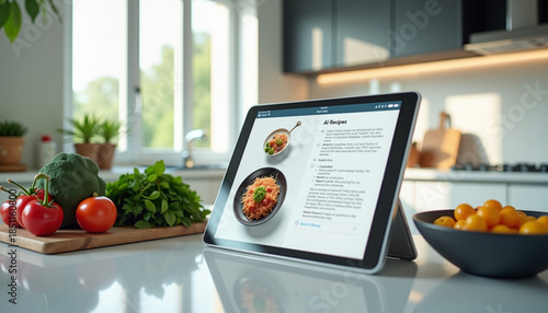 Vegetables and AI-generated recipe on a tablet in a futuristic kitchen, culinary technology, top view