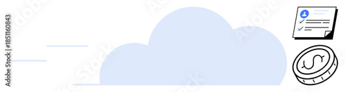 Large cloud with floating checklist document and coin. Ideal for cloud computing, security, data storage, finance, digital economy, remote work, data privacy. Simple flat metaphor