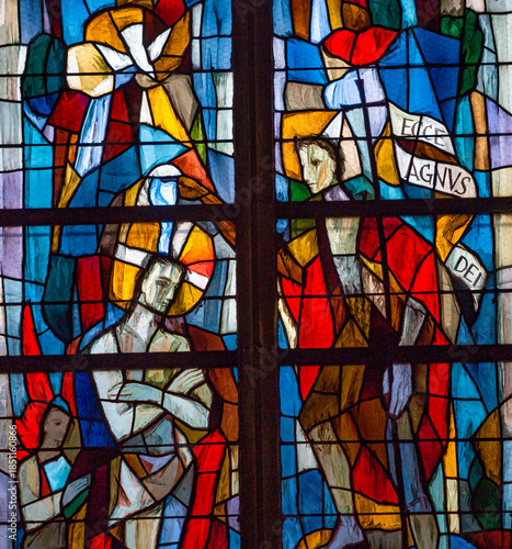 Stained glasses of the cathedral, Ploermel, France