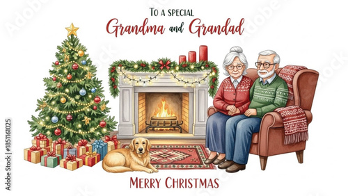Watercolor Christmas Illustration of Grandma and Grandad Sitting by Fireplace with Tree Gifts and Cozy Home Scene