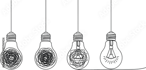 Progressive Light Bulb Idea Concept Featuring Hand Drawn Scribbles Transitioning Into Bright Shining Lamp for Creative Thinking Problem Solving and Innovation