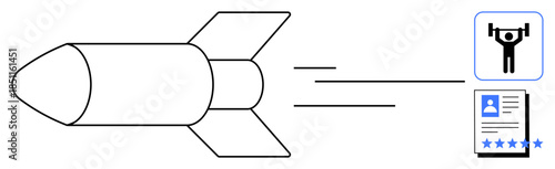 Rocket moving with speed lines toward fitness icon and rated profile document. Ideal for growth, ambition, achievement, personal goals, progress tracking, career advancement, and self-improvement