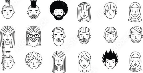 Doodle Style Avatar Icon Set Featuring Diverse Male and Female Faces With Various Hairstyles Beards Hijabs and Trendy Haircuts for Profile Design