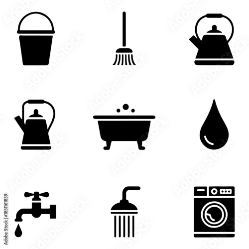 Set of icons representing various household items isolated on a transparent background