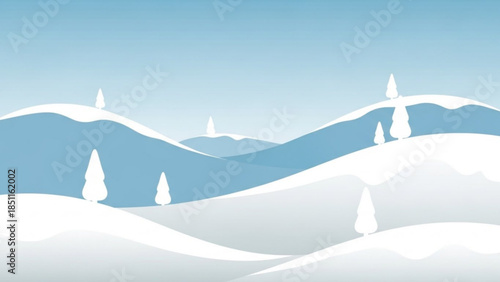 Snowy Winter Landscape with Hills and Trees under Clear Blue Sky