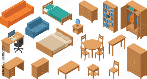 Isometric home furniture set flat vector illustration including sofa bed table chair wardrobe for interior design cad drawing