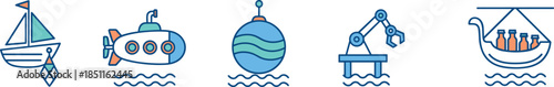 Maritime icon set, sailboat, submarine, buoy, robotic arm, cargo ship, ocean tech, vector, flat, minimal, outline, nautical, marine, underwater, offshore, 