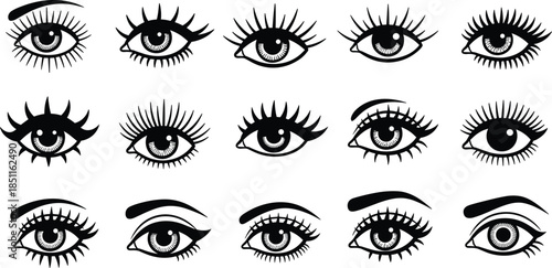 Set of Hand Drawn Eye Icons and Eyelash Illustrations Featuring Various Female Eye Shapes Brows and Long Lashes for Beauty Salon Branding