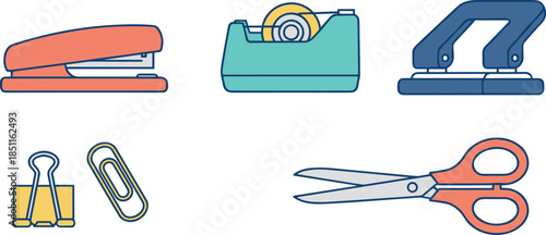Office stationery flat illustration set, stapler tape punch clip scissors tools, workspace desk supplies, modern design, CAD drawing flat vector illustration