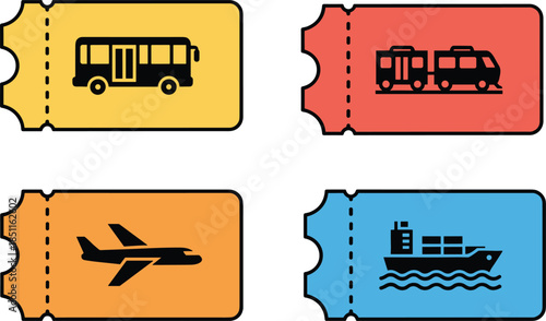 Transportation ticket flat icons set, bus train airplane ship passes, travel boarding concept, public transport, CAD drawing flat vector illustration