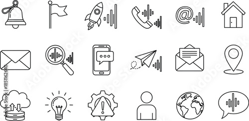 Modern Communication and Digital Technology Line Icon Set Featuring Email Social Media Marketing Contact Symbols Cloud Computing and Business Development Illustrations