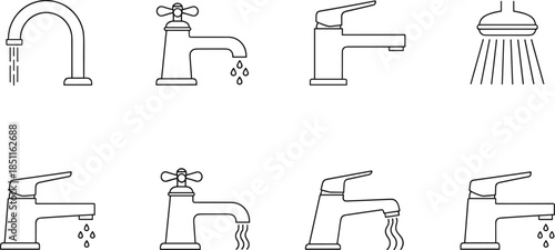 Water fixture icon set, faucet, showerhead, dripping tap, cross handle, lever handle, plumbing tools, vector, flat, minimal, outline, bathroom, kitch