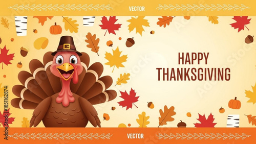 Happy Thanksgiving turkey illustration with autumn leaves pumpkins and acorns festive vector graphic for holiday celebration