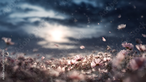 Serene night sky surrounded by blooming flowers and glowing moonlight