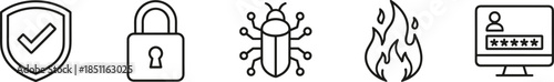 Cyber security protection icons flat vector illustration set including shield lock virus firewall password login symbols cad drawing