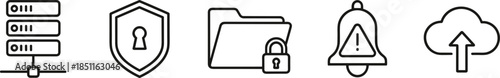 Cybersecurity icon set, server rack, shield keyhole, locked folder, alert bell, cloud upload, data protection, 