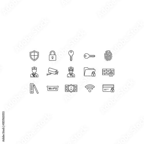 Vector line icons set for cyber security, data protection, and digital safety. includes shield, lock, key, fingerprint, surveillance camera, firewall, and secure network symbols.