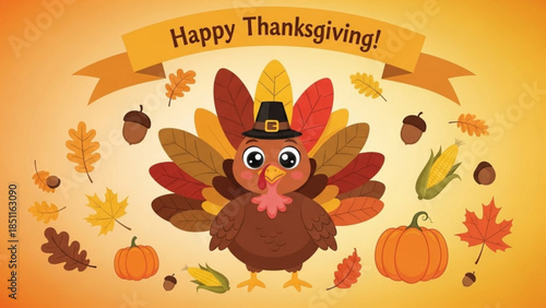 Happy Thanksgiving turkey illustration with autumn leaves pumpkins and corn festive holiday greeting for celebration