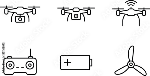 Drone technology icons flat vector illustration set including quadcopter camera remote battery 