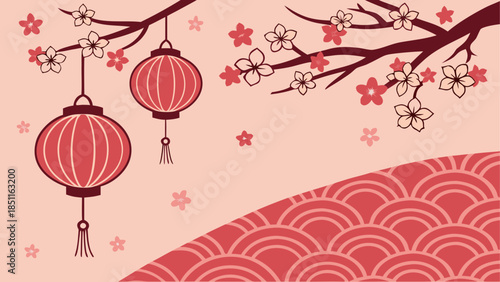 Traditional chinese new year background with red lanterns and blossoming cherry tree branches