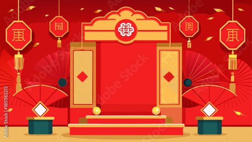 A vibrant traditional chinese stage decoration featuring red lanterns and folding fans for a festive event