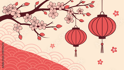 A festive illustration of cherry blossoms and red lanterns for spring celebrations