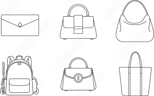 Fashion bags and accessories icons flat vector illustration set including handbag backpack clutch 