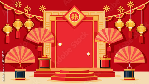 A festive chinese new year stage background illustration decorated with traditional lanterns and fans
