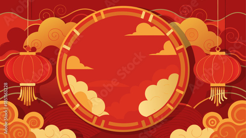 Traditional chinese new year background with red lanterns and a circular frame