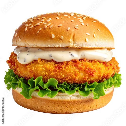 Succulent fish fillet burger with creamy tartar sauce and lettuce, professionally isolated on a clean white background.