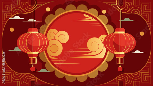 Festive chinese new year background with hanging red lanterns and traditional patterns