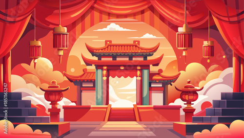 A vibrant illustration of a traditional chinese gate during a festive celebration