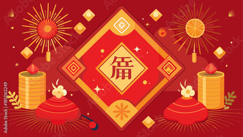 A vibrant illustration of chinese new year decorations featuring a large fu character
