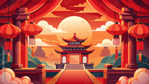 A beautiful view of a traditional chinese gate illuminated by festive red lanterns.