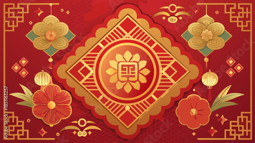 Intricate red and gold illustration for chinese new year with flowers and lanterns
