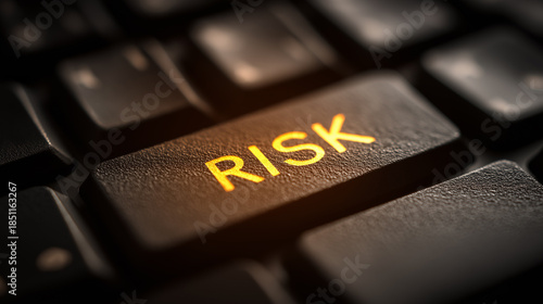 A close-up of a keyboard key labeled RISK, illuminated in orange, emphasizing the concept of risk in a digital context.