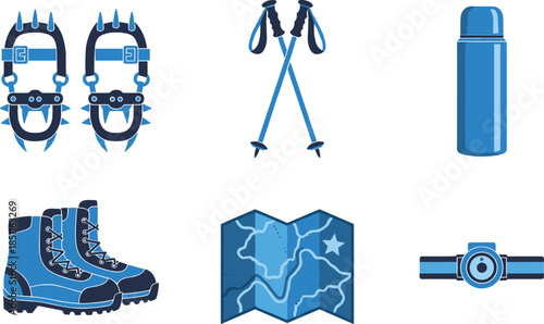 Hiking gear icon set, crampons, trekking poles, thermos, boots, map, headlamp, outdoor tools, vector, 